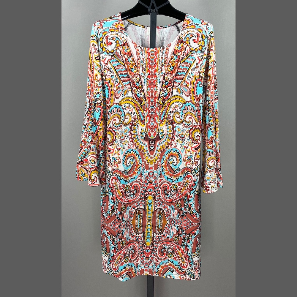 NEW Chicos Dress Womens Small red blue brown paisley floral sheath boho indie